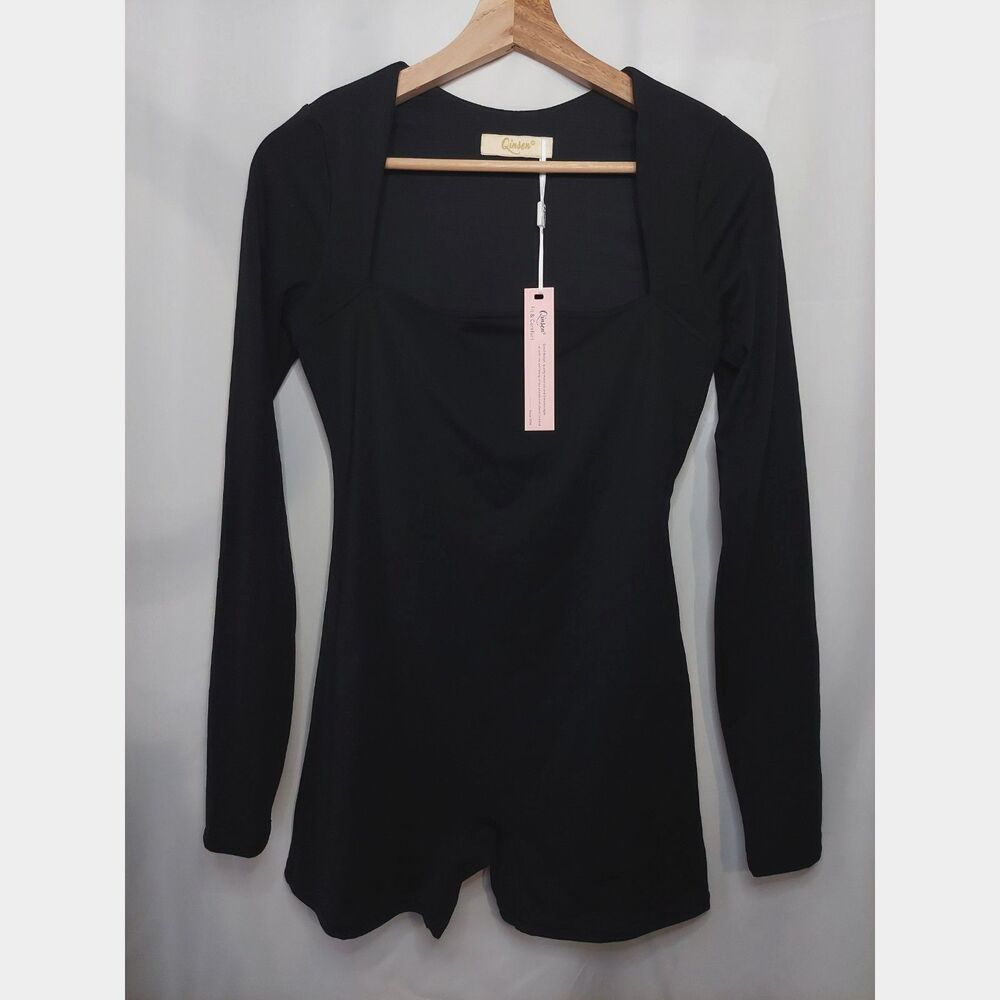 NWT Qinsen Bodysuit Black Square Neck Long Sleeve Shorts Sz L Bodycon Romper